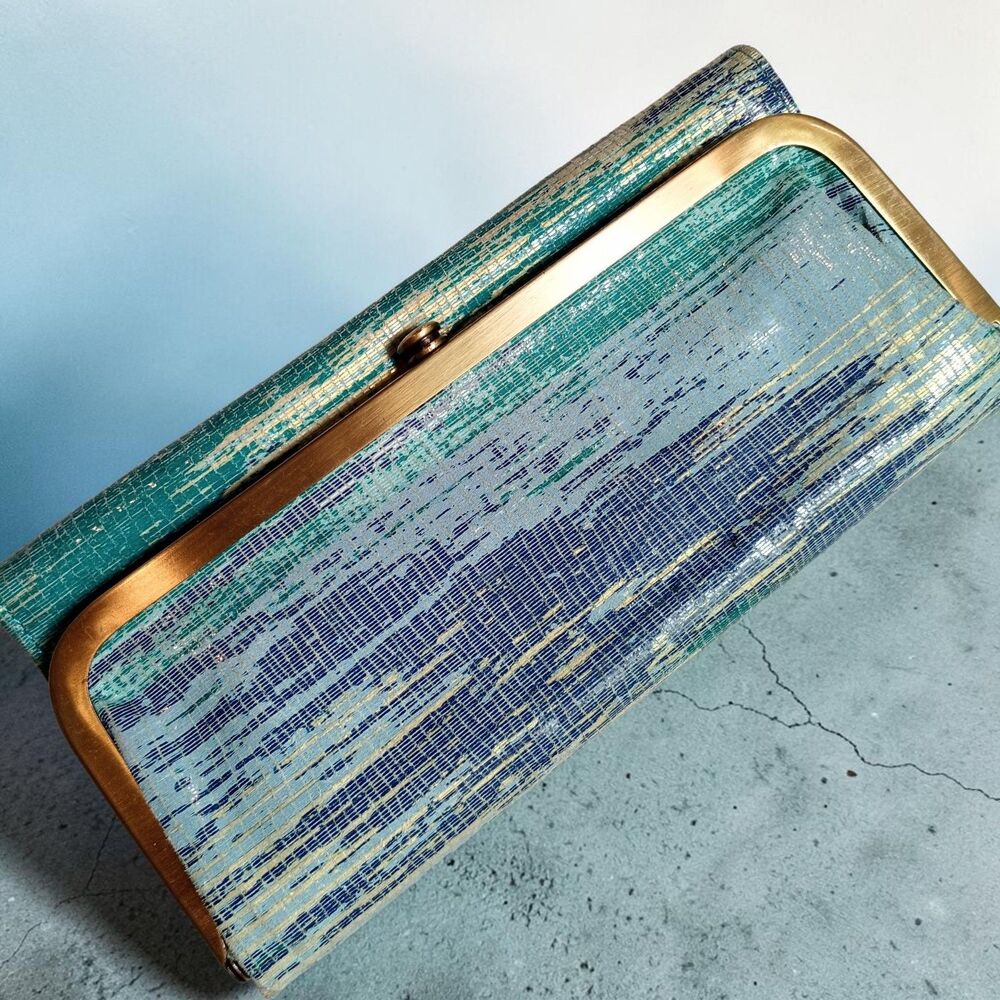 HOBO Rachel Clutch Wallet Cracked Glass Teal Blue Metallic Vintage Boho Mermaid